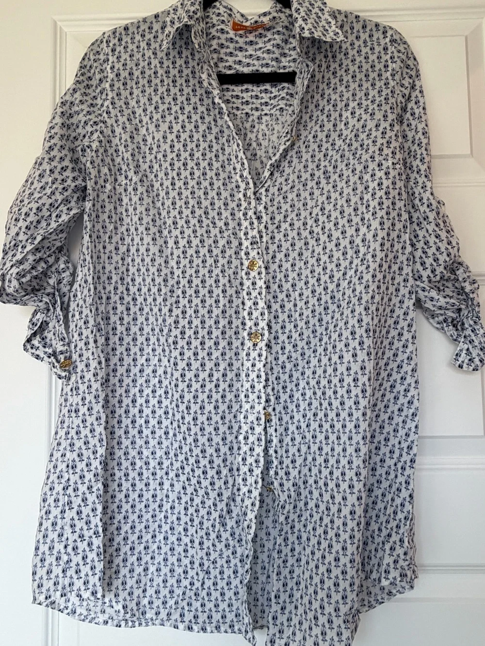 Tory Burch Cotton White Tunic with Navy Print, Sports Blouse